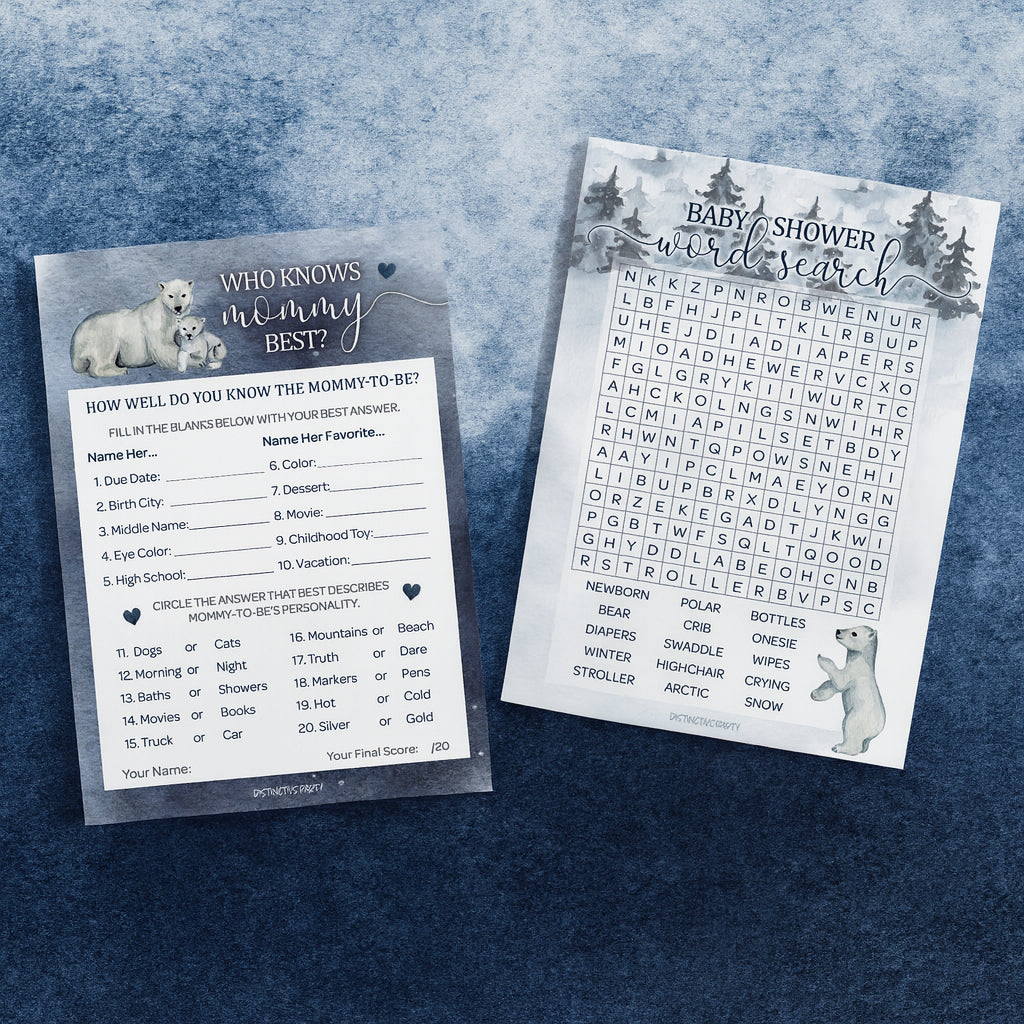 Oso polar: Paquete de juegos de baby shower de invierno - Búsqueda de palabras y quién conoce mejor a mamá - Juego de 2 caras - 20 cartas