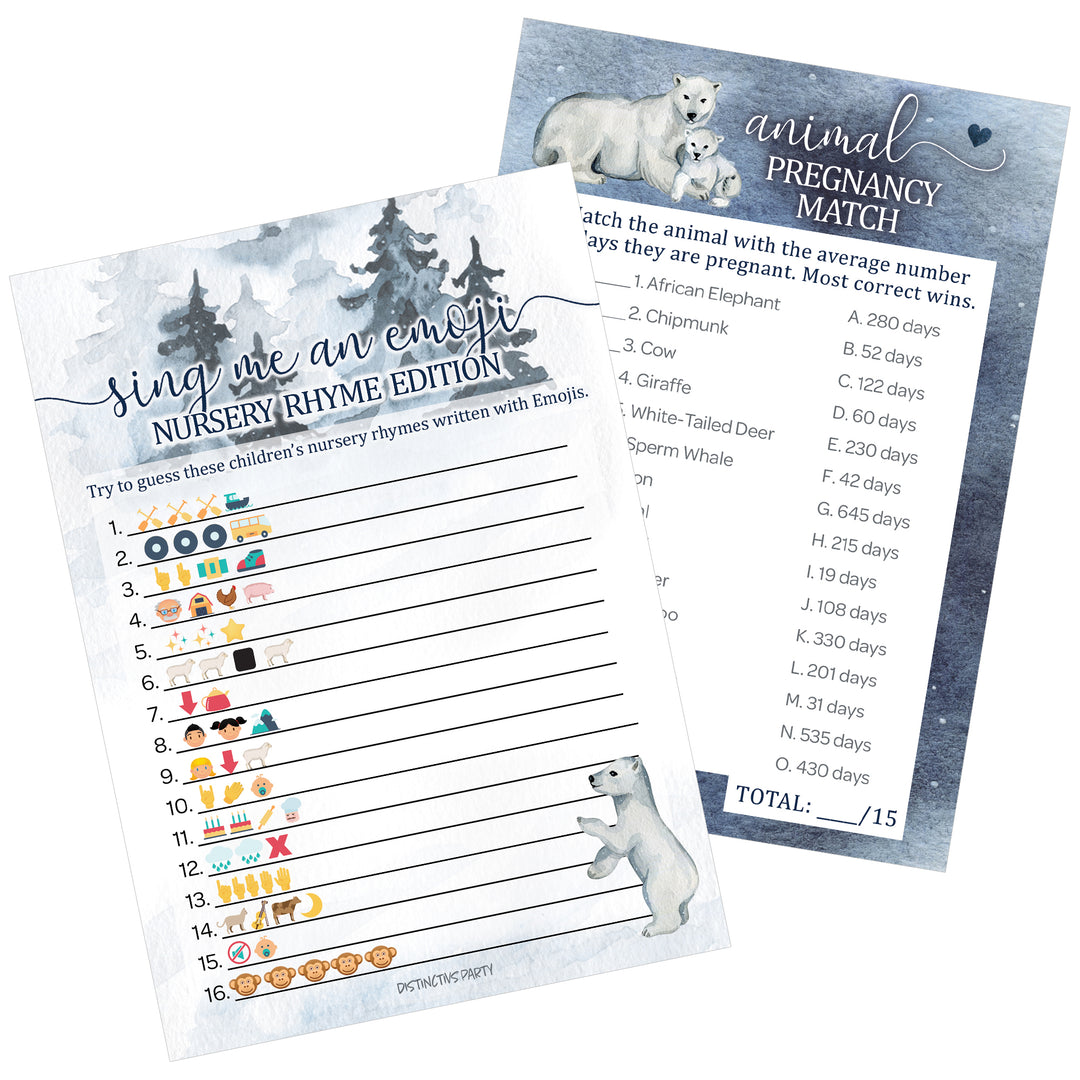 Polar Bear - Winter Baby Shower - Sing Me and Emoji & Animal Match Game -  Baby Shower Game - Two Game Bundle - 20 Dual Sided Cards