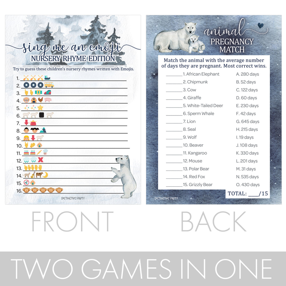 Polar Bear - Winter Baby Shower - Sing Me and Emoji & Animal Match Game -  Baby Shower Game - Two Game Bundle - 20 Dual Sided Cards