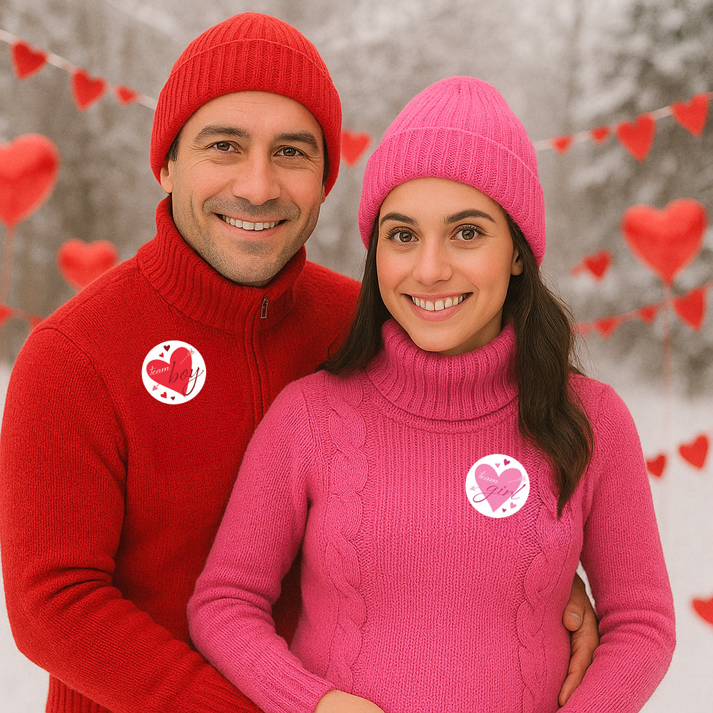 Pegatinas de revelación de género del Día de San Valentín: Corazones rojos y rosados ​​- Pegatinas del equipo Él o del Equipo Ella - 40 pegatinas