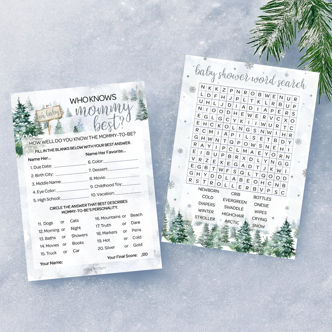 Baby It's Cold Outside Evergreen: Winter Baby Shower Game  - Word Search and Who Knows Mommy Best - Two Game Bundle - 20 Dual Sided Cards