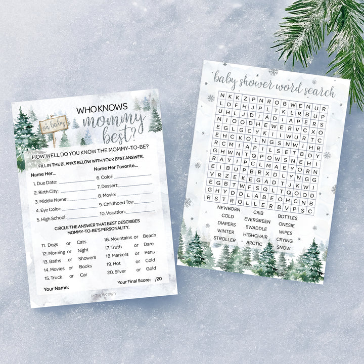 Baby It's Cold Outside Evergreen: Winter Baby Shower Game  - Word Search and Who Knows Mommy Best - Two Game Bundle - 20 Dual Sided Cards