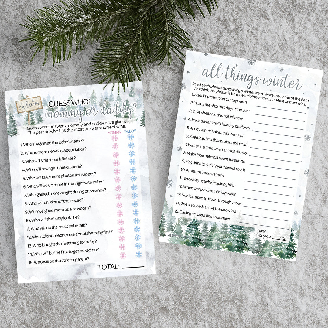 Baby It's Cold Outside Evergreen: Winter Baby Shower Game - "Guess Who" Mommy or Daddy and All Things Winter- Two Game Bundle - 20 Dual Sided Cards