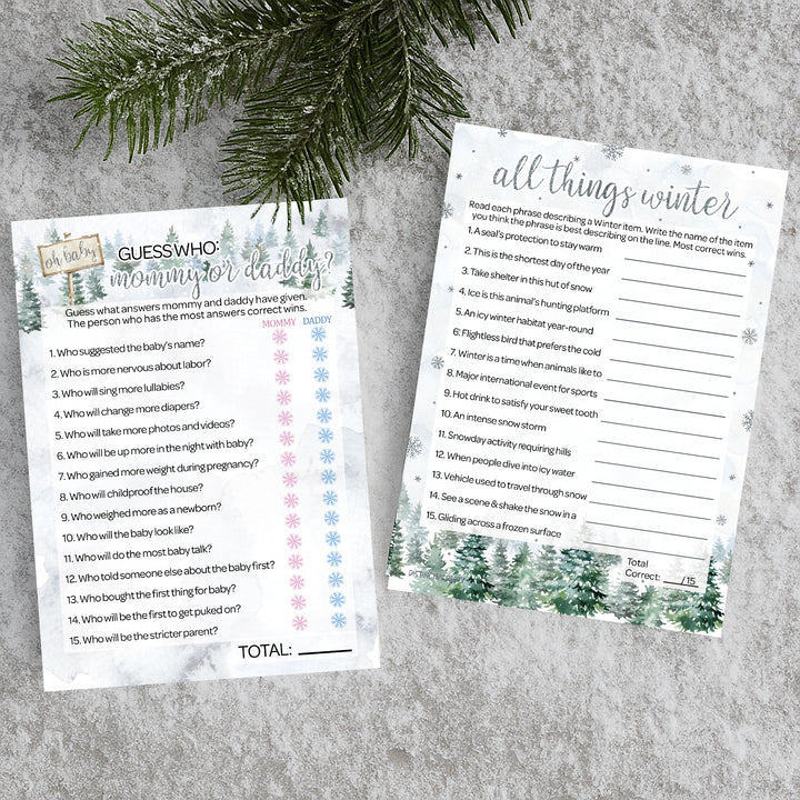 Baby It's Cold Outside Evergreen: Winter Baby Shower Game - "Guess Who" Mommy or Daddy and All Things Winter- Two Game Bundle - 20 Dual Sided Cards