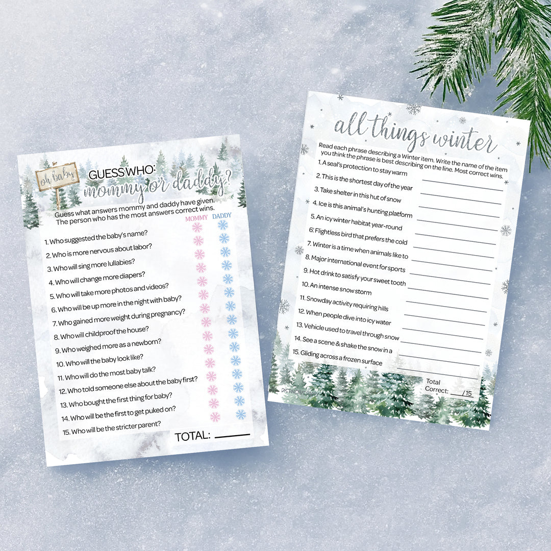 Baby It's Cold Outside Evergreen: Winter Baby Shower Game - "Guess Who" Mommy or Daddy and All Things Winter- Two Game Bundle - 20 Dual Sided Cards