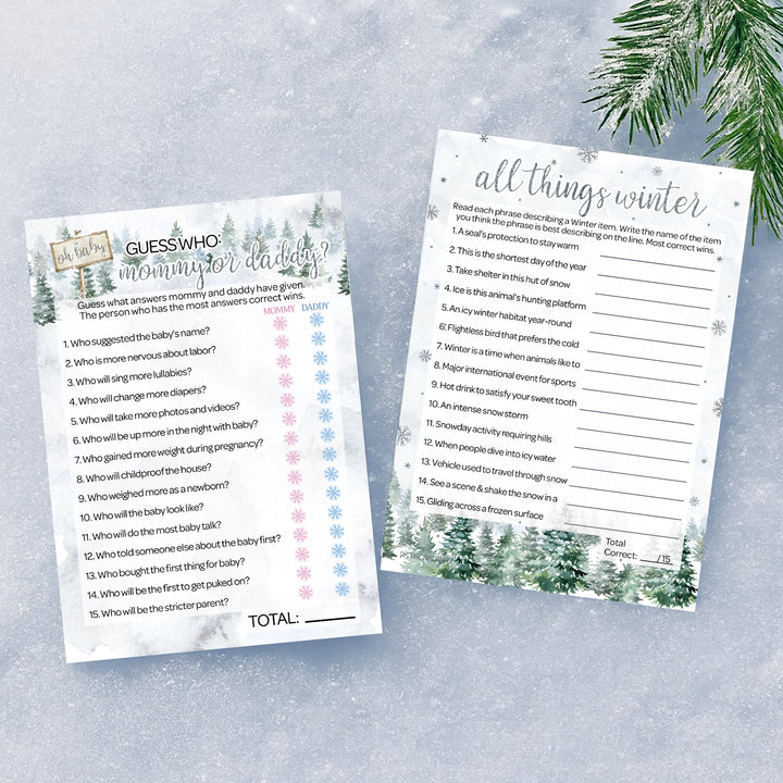 Baby It's Cold Outside Evergreen: Winter Baby Shower Game - "Guess Who" Mommy or Daddy and All Things Winter- Two Game Bundle - 20 Dual Sided Cards