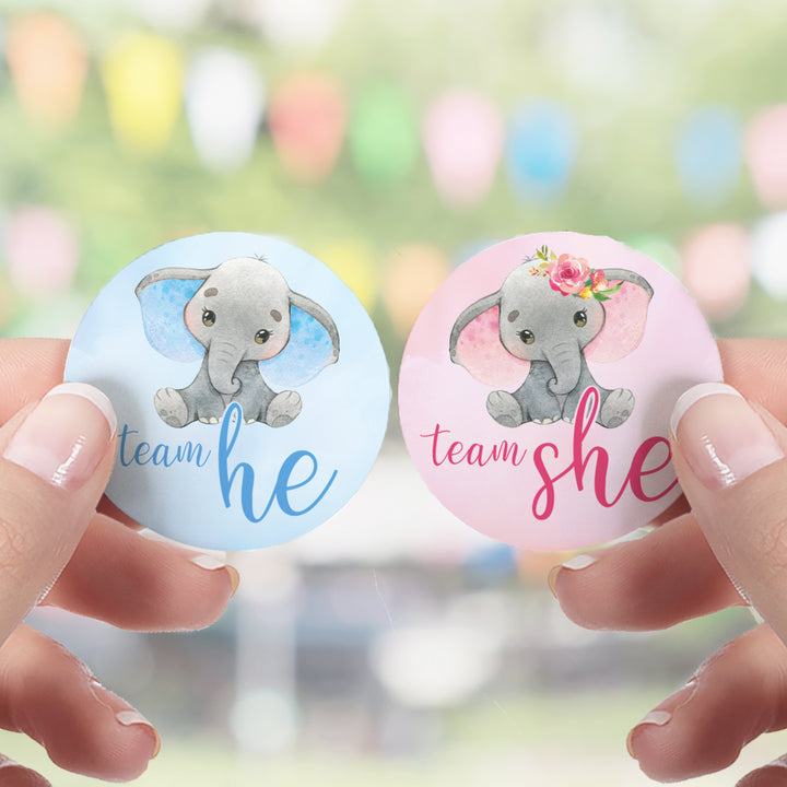 Elephant: Gender Reveal Party -Team He or Team She - 40 Stickers