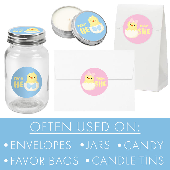 Custom baby shower favors stickers featuring a cartoon chick and text 'team HE' and 'team SHE' on envelopes, jars, candy bags, and candle tins, with a blue informational banner at the bottom.