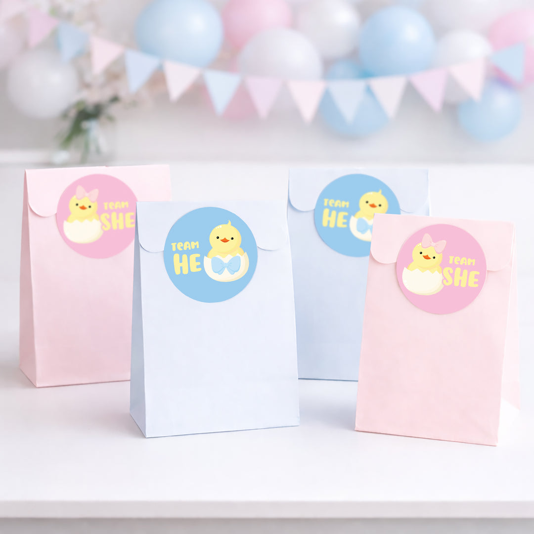 Pastel-colored gift bags with gender reveal stickers on a white surface with balloons in the background.