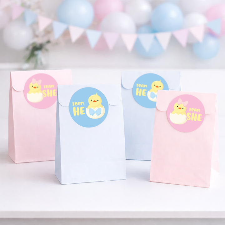Pastel-colored gift bags with gender reveal stickers on a white surface with balloons in the background.
