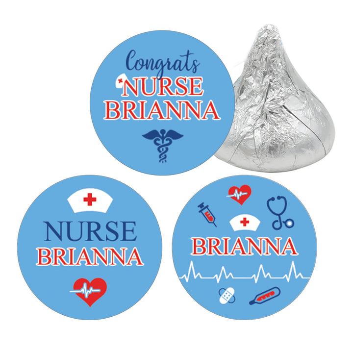 Personalized Nursing Graduation: Blue and Red - Custom Name - Party Favor Stickers -  Fit Hershey® Kisses - 180 or 450 Stickers
