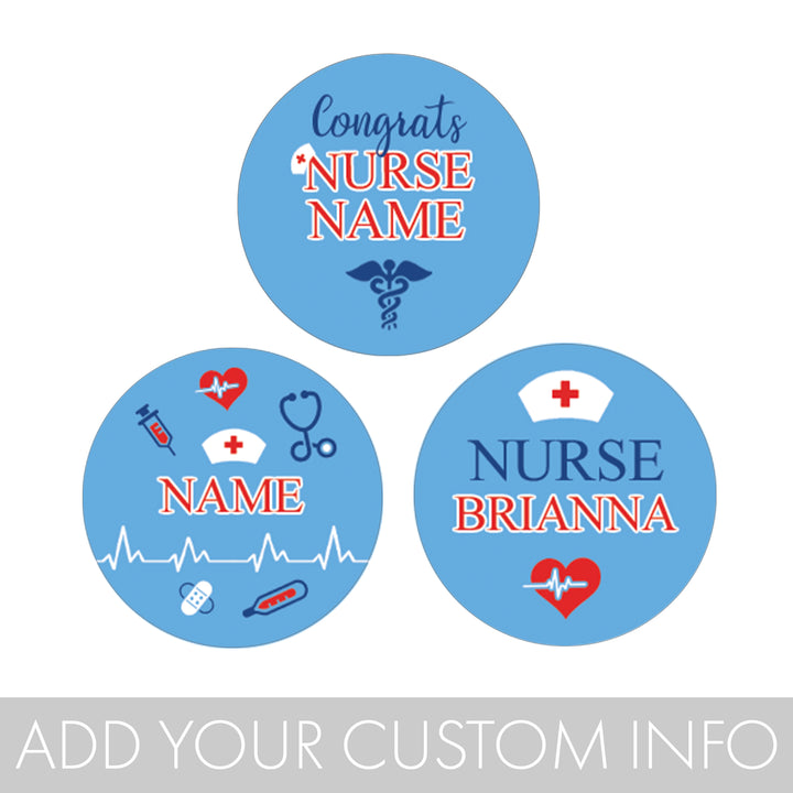 Personalized Nursing Graduation: Blue and Red - Custom Name - Party Favor Stickers -  Fit Hershey® Kisses - 180 or 450 Stickers