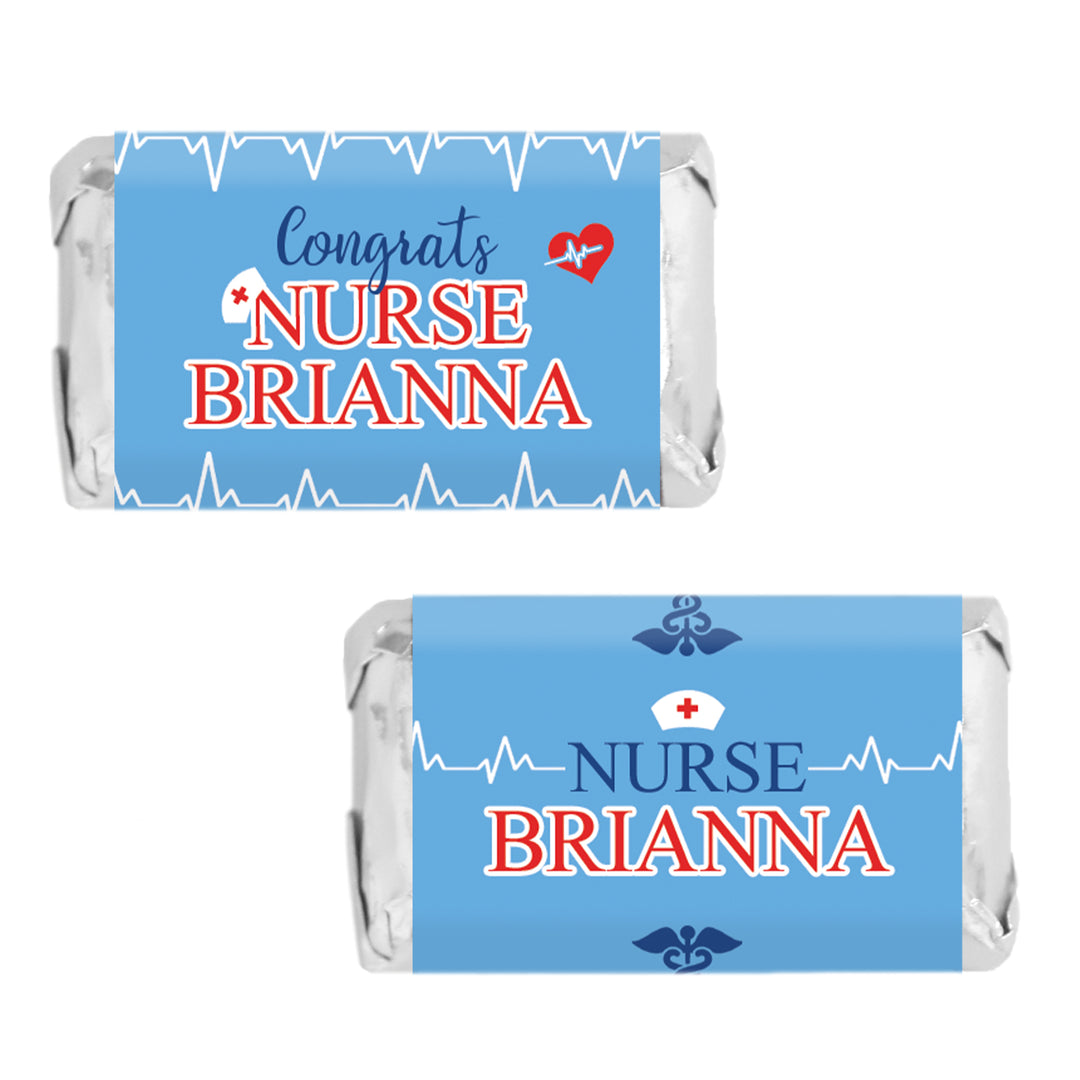 Personalized Nursing Graduation: Blue and Red - Custom Name  - Candy Bar Wrappers - Fits on Hershey® Miniatures -Mini Candy Bar Wrappers - 45 Stickers