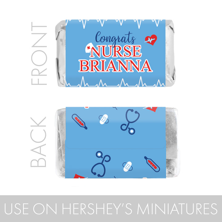 Personalized Nursing Graduation: Blue and Red - Custom Name  - Candy Bar Wrappers - Fits on Hershey® Miniatures -Mini Candy Bar Wrappers - 45 Stickers