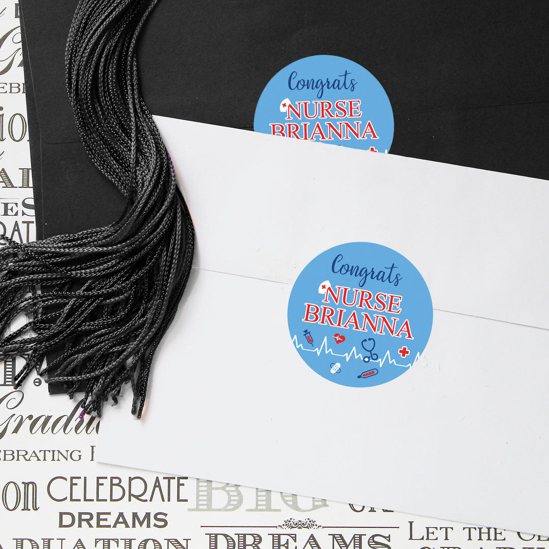 Personalized Nursing Graduation: Blue and Red - Custom Name - Party Favor Stickers - 40 Stickers