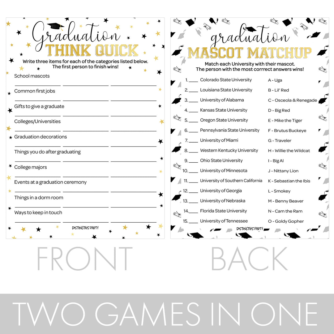Graduation Party Game: Think Quick & Mascot Matchup - Class of 2024 - Two Game Bundle - 25 Dual-Sided Game Cards