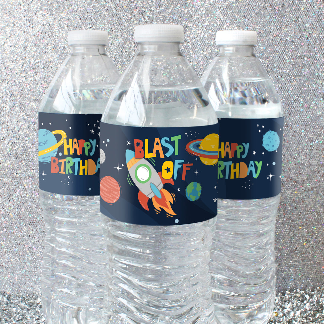 Outer Space Kid's Birthday: Water Bottle Labels - 24 Waterproof Stickers