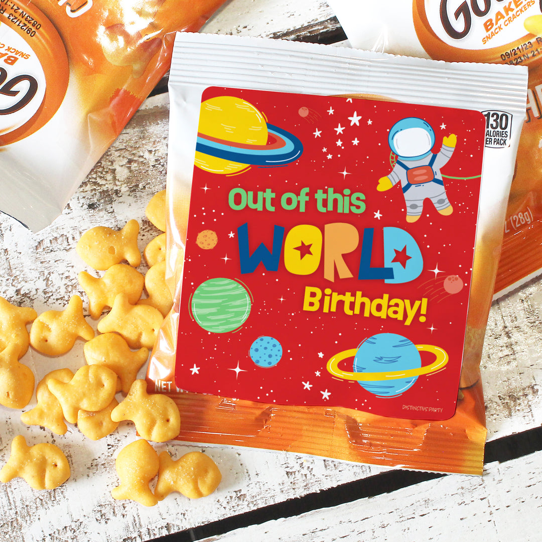 Outer Space Birthday: Popcorn, Chip Bag, and Snack Bag Stickers - 32 Stickers