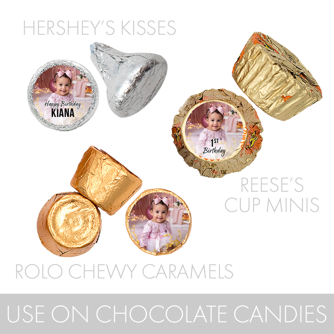 Personalized Birthday: White - Custom Photo, Age, and Name -  Favor Stickers - Fits on Hershey® Kisses - 180 or 450 Stickers