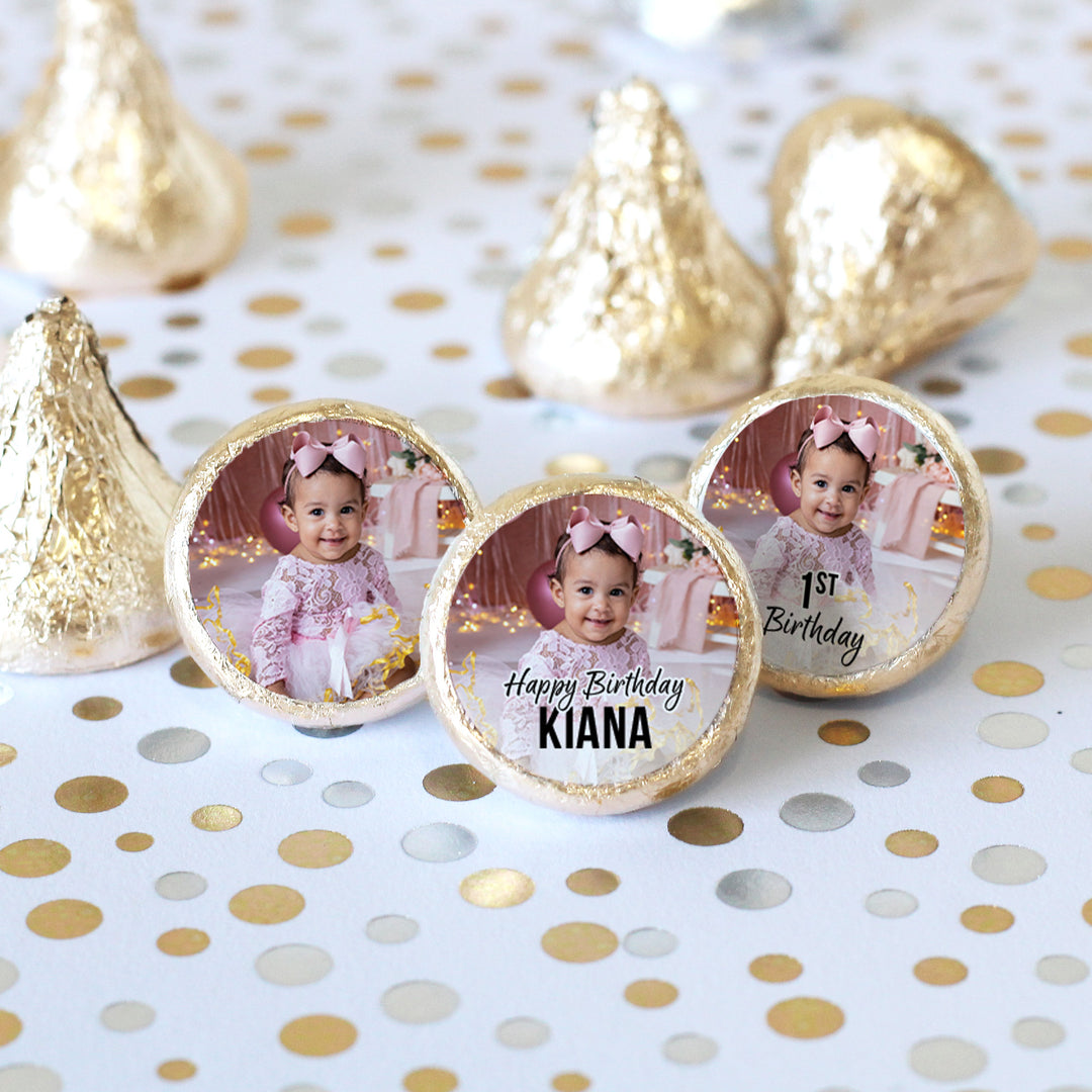 Personalized Birthday: White - Custom Photo, Age, and Name -  Favor Stickers - Fits on Hershey® Kisses - 180 or 450 Stickers