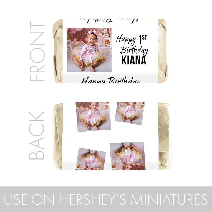 Personalized Birthday: White - Custom Photo, Age, and Name -  Hershey® Miniatures Candy Bar Wrappers - 45 or 250 Stickers