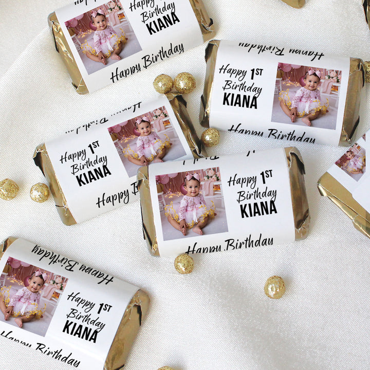 Personalized Birthday: White - Custom Photo, Age, and Name -  Hershey® Miniatures Candy Bar Wrappers - 45 or 250 Stickers