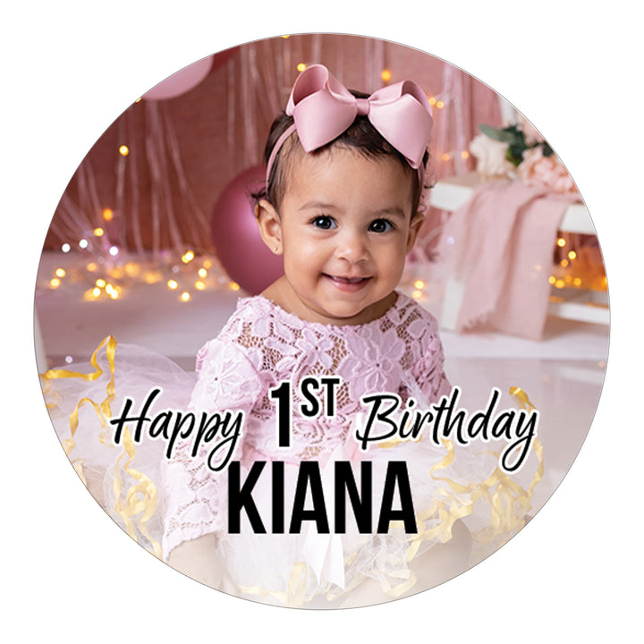 Personalized Birthday: White - Custom Photo, Age, and Name  - Circle Label Stickers - 40, 100, or 250 Stickers