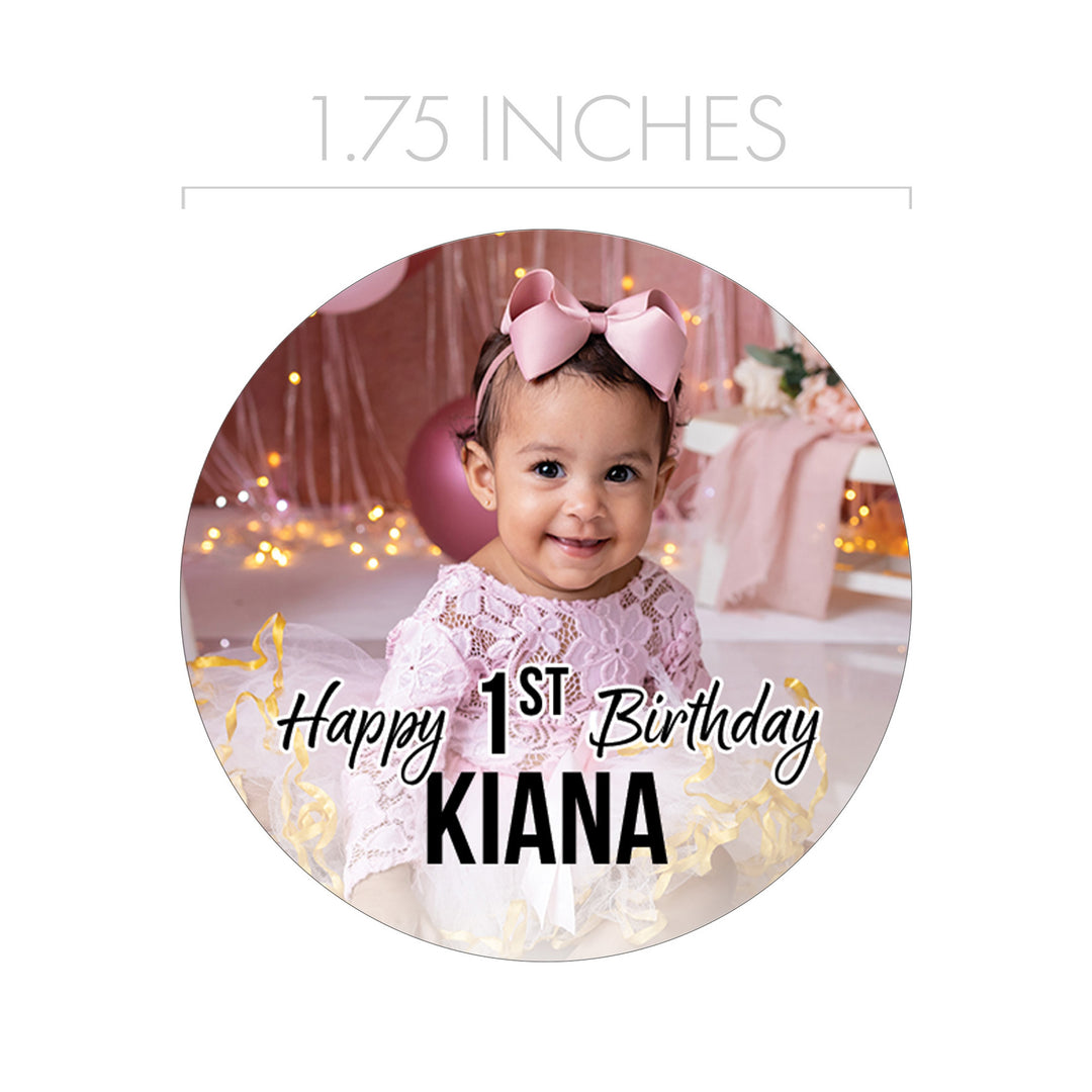 Personalized Birthday: White - Custom Photo, Age, and Name  - Circle Label Stickers - 40, 100, or 250 Stickers