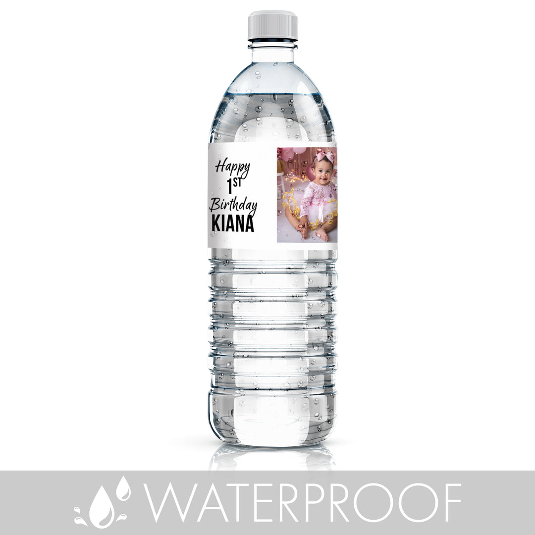 Personalized Birthday: White - Custom Photo, Age, and Name  - Water Bottle Label Stickers - 24, 100, or 250  Waterproof Stickers
