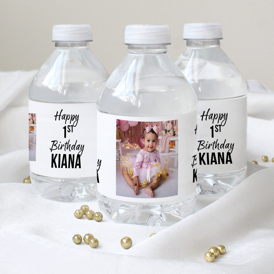 Personalized Birthday: White - Custom Photo, Age, and Name  - Water Bottle Label Stickers - 24, 100, or 250  Waterproof Stickers