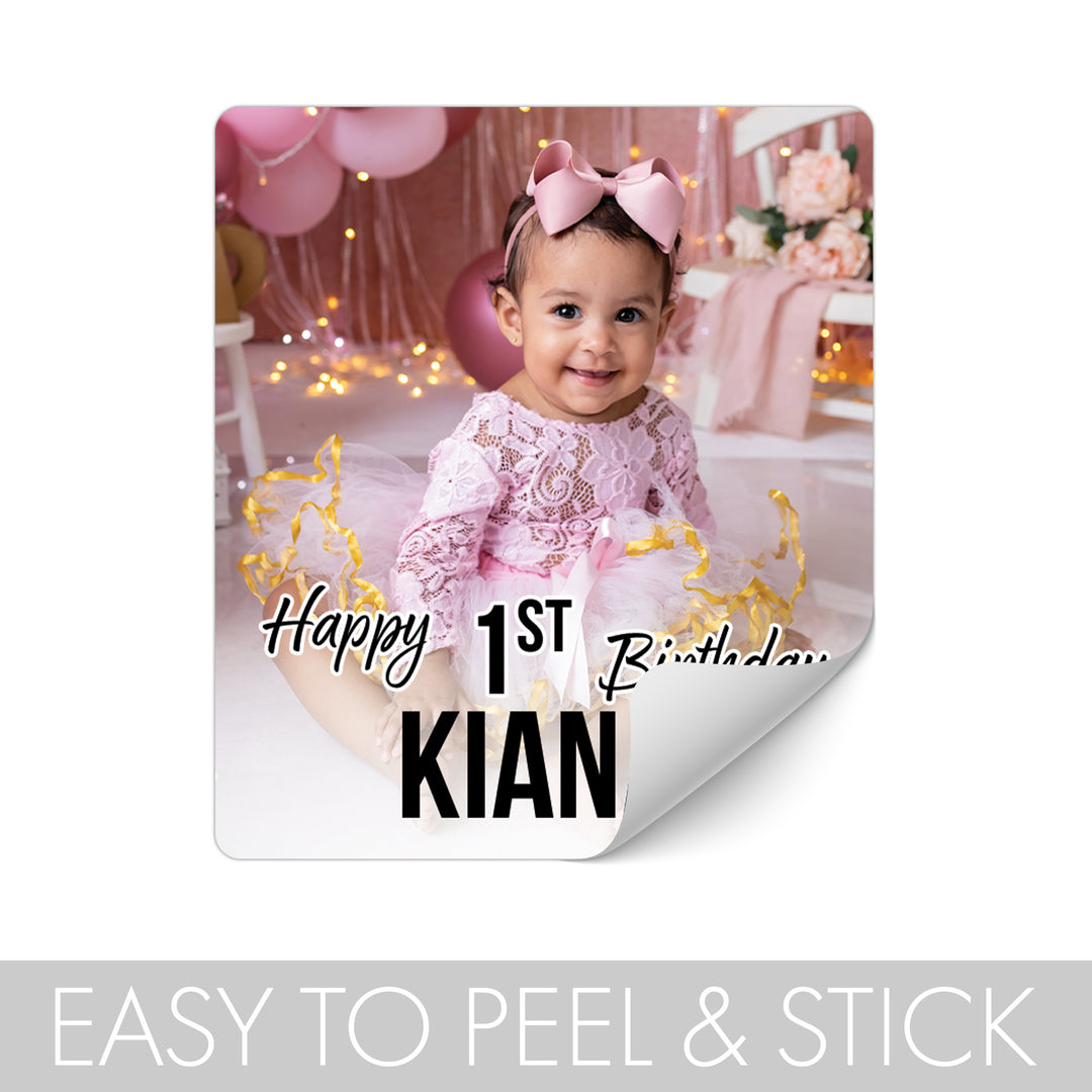 Personalized Birthday: White - Custom Photo, Age, and Name -  Chip Bag and Snack Bag Stickers - 32 or 96 Stickers