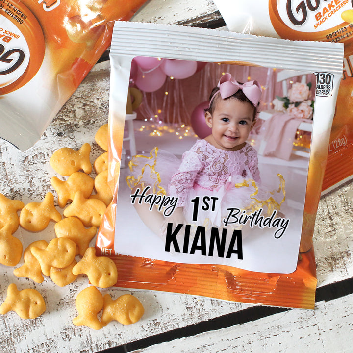 Personalized Birthday: White - Custom Photo, Age, and Name -  Chip Bag and Snack Bag Stickers - 32 or 96 Stickers