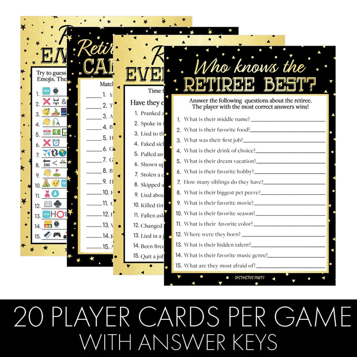 Retirement: Black and Gold -  Party Game Bundle, 4 Games for 20 Players - 40 Dual Sided Cards