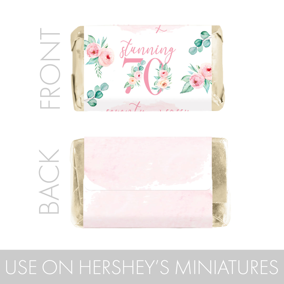 70th Birthday: Floral - Hershey's Miniatures Candy Bar Wrappers - 45 Stickers