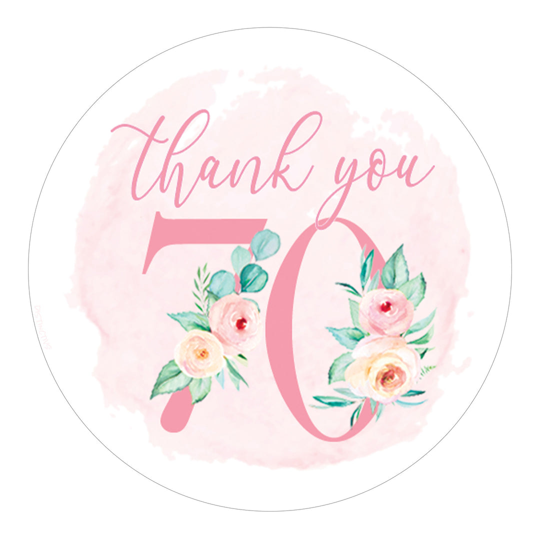 70th Birthday: Floral - Circle Label Thank You Stickers - 40 Stickers