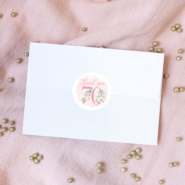 70th Birthday: Floral - Circle Label Thank You Stickers - 40 Stickers