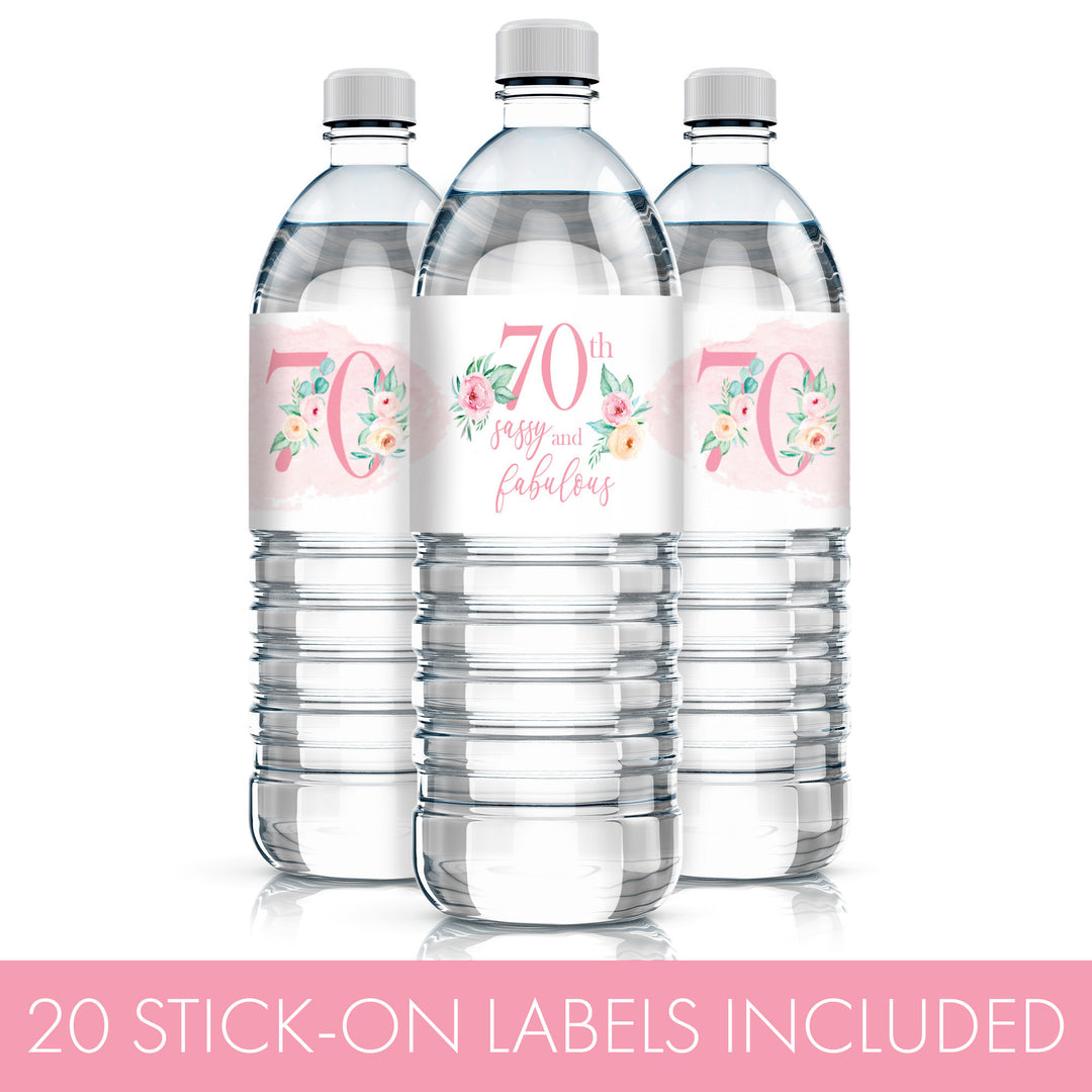 70th Birthday: Floral - Water Bottle Labels - 20 Waterproof Stickers