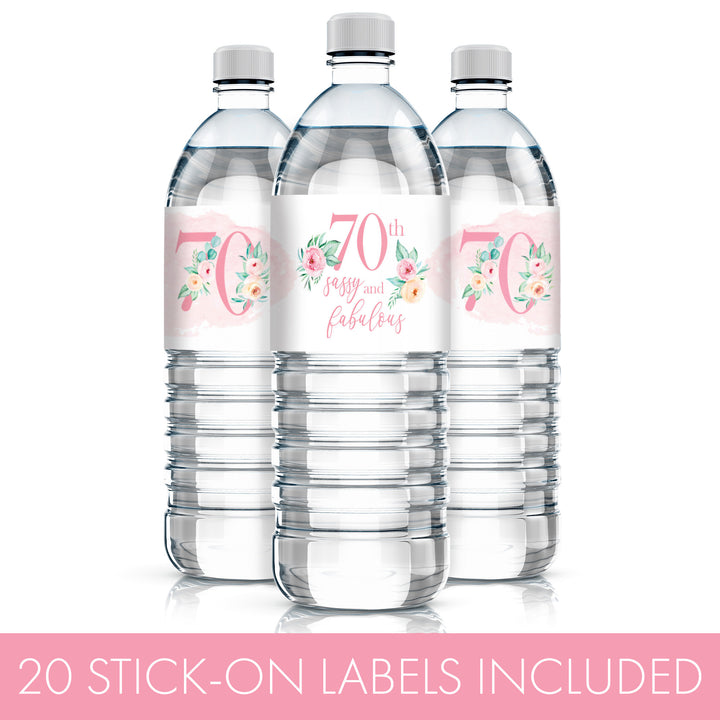 70th Birthday: Floral - Water Bottle Labels - 20 Waterproof Stickers