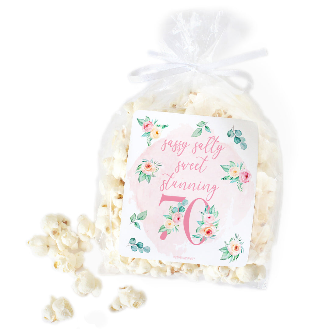 70th Birthday: Floral - Popcorn, Chip Bag, and Snack Bag Stickers - 32 Stickers
