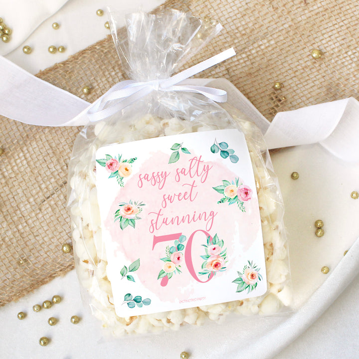 70th Birthday: Floral - Popcorn, Chip Bag, and Snack Bag Stickers - 32 Stickers