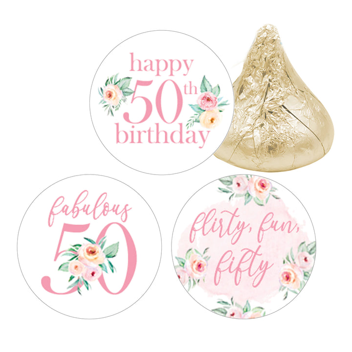 50th Birthday: Floral - Favor Stickers Fits on Hershey's Kisses - 180 Stickers