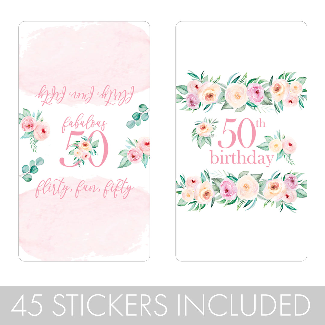 50th Birthday: Floral - Hershey's Miniatures Candy Bar Wrappers - 45 Stickers
