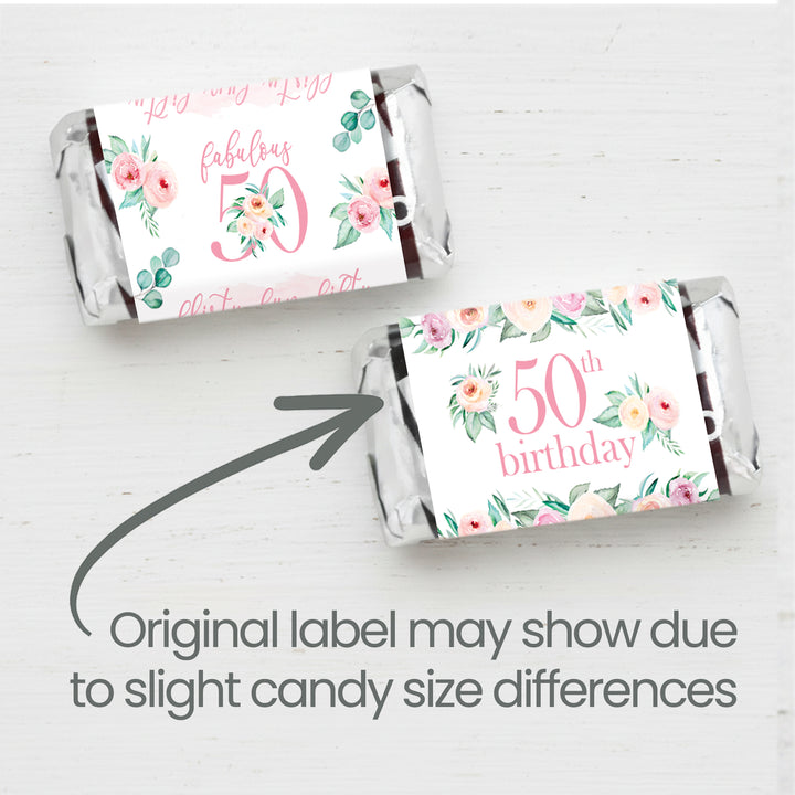 50th Birthday: Floral - Hershey's Miniatures Candy Bar Wrappers - 42 Stickers