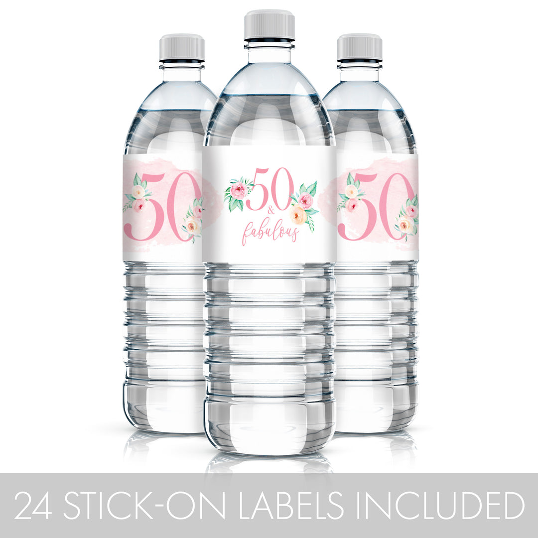 50th Birthday: Floral - Water Bottle Labels - 24 Waterproof Stickers