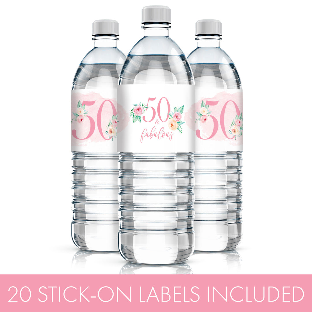 50th Birthday: Floral - Water Bottle Labels - 20 Waterproof Stickers