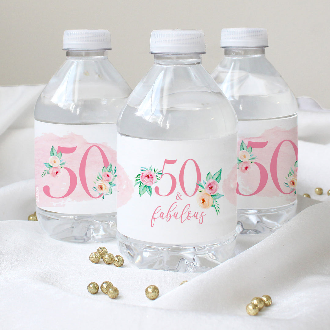 50th Birthday: Floral - Water Bottle Labels - 24 Waterproof Stickers