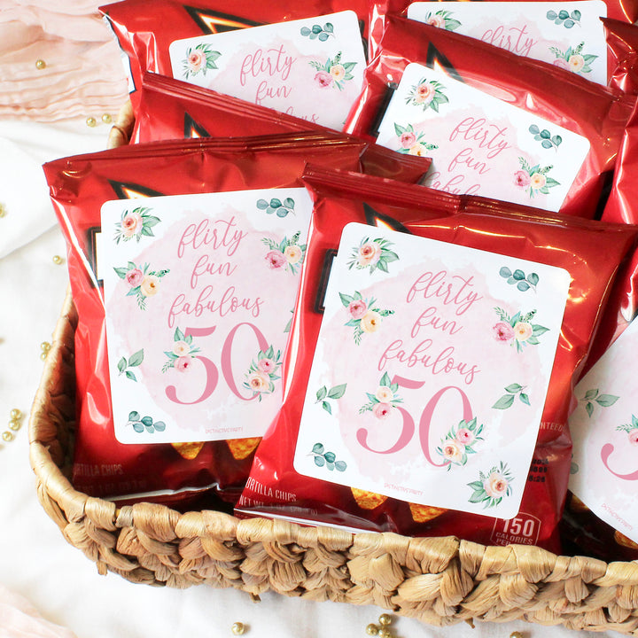 50th Birthday: Floral - Popcorn, Chip Bag, and Snack Bag Stickers - 32 Stickers