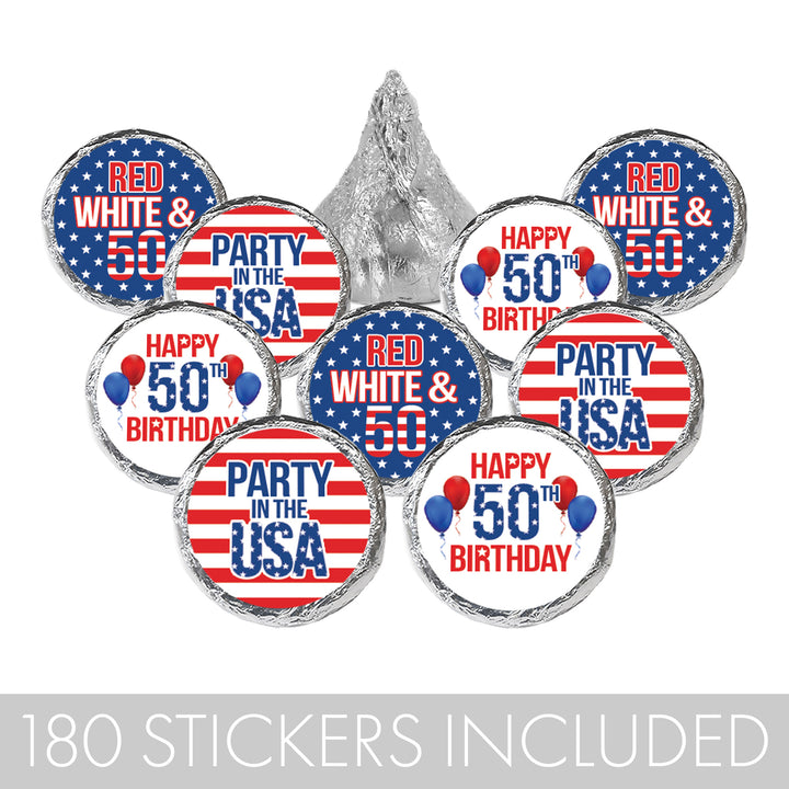 50th Birthday: Red White & Blue - Favor Stickers Fits on Hershey's Kisses - 180 Stickers