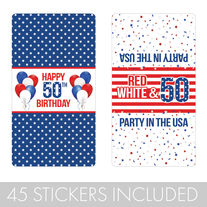 50th Birthday: Red White & Blue - Hershey's Miniatures Candy Bar Wrappers - 45 Stickers