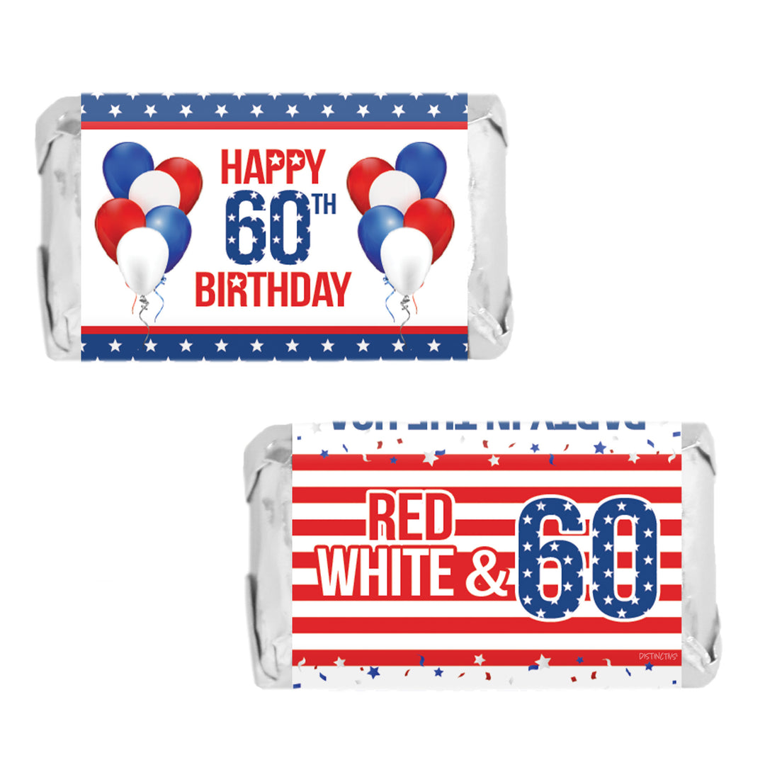 60th Birthday: Red White & Blue - Hershey's Miniatures Candy Bar Wrappers - 45 Stickers